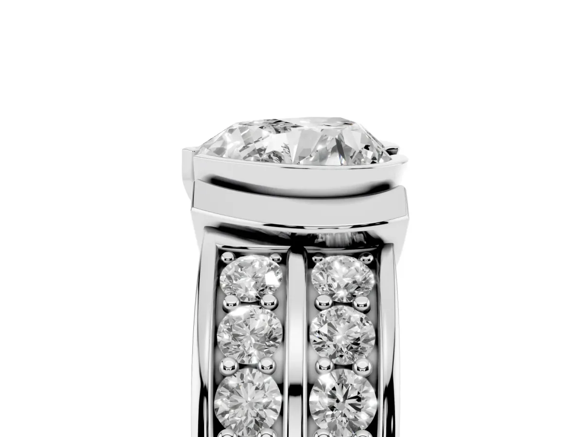 Heart Cut Brilliant Diamond Channel Set Wide Band Ring with Bezel Setting White gold