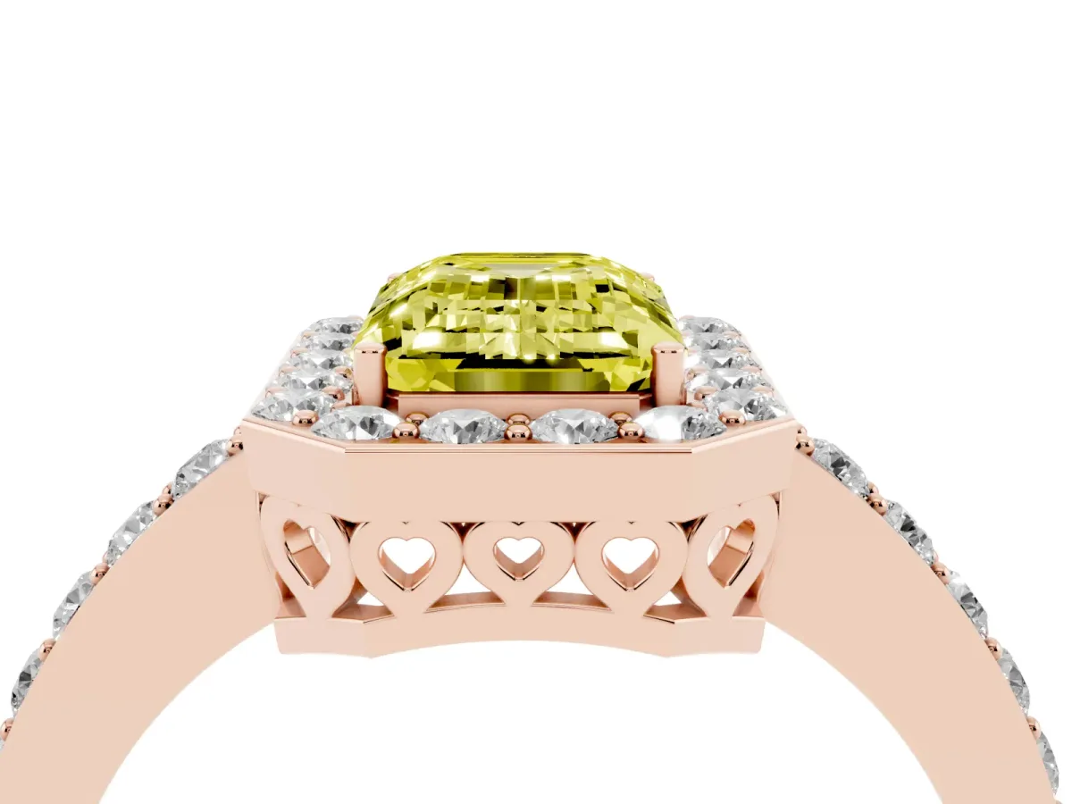 Fancy Yellow Emerald Cut Halo Diamond Pavé Band Ring with Prong Setting Rose gold