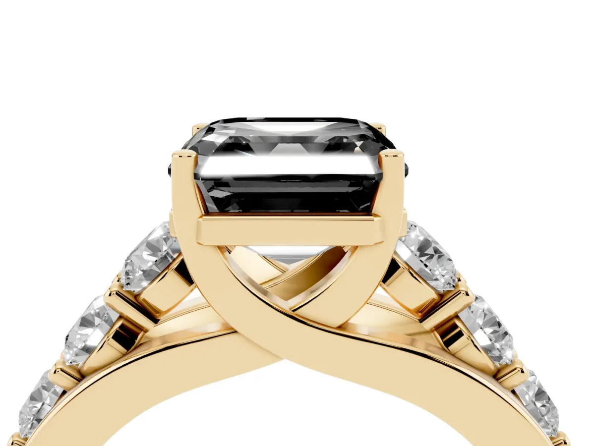 Fancy Black Asscher Cut Diamond Engagement Ring with Pavé Band and Four-Prong Setting Yellow gold
