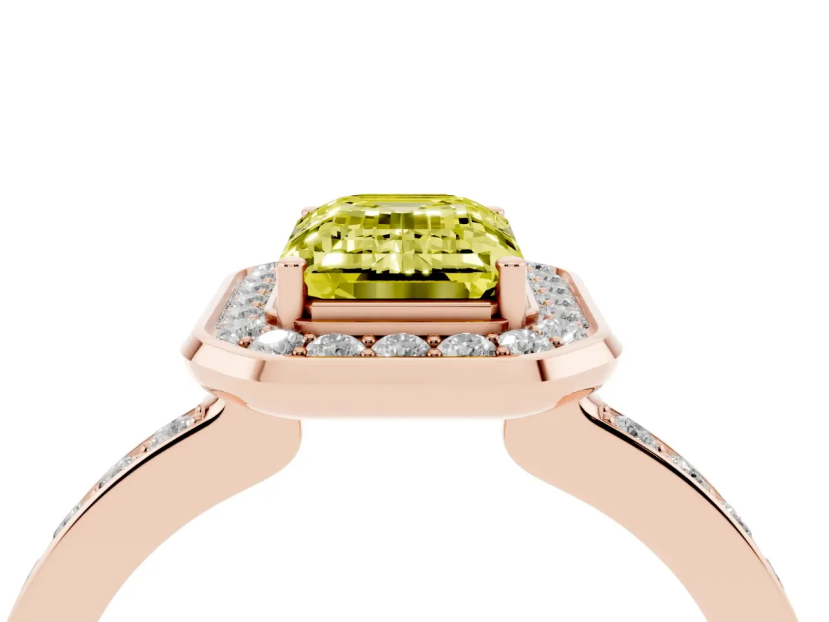 Fancy Yellow Emerald Cut Diamond Halo Ring with Bezel Frame and Pavé Band Rose gold