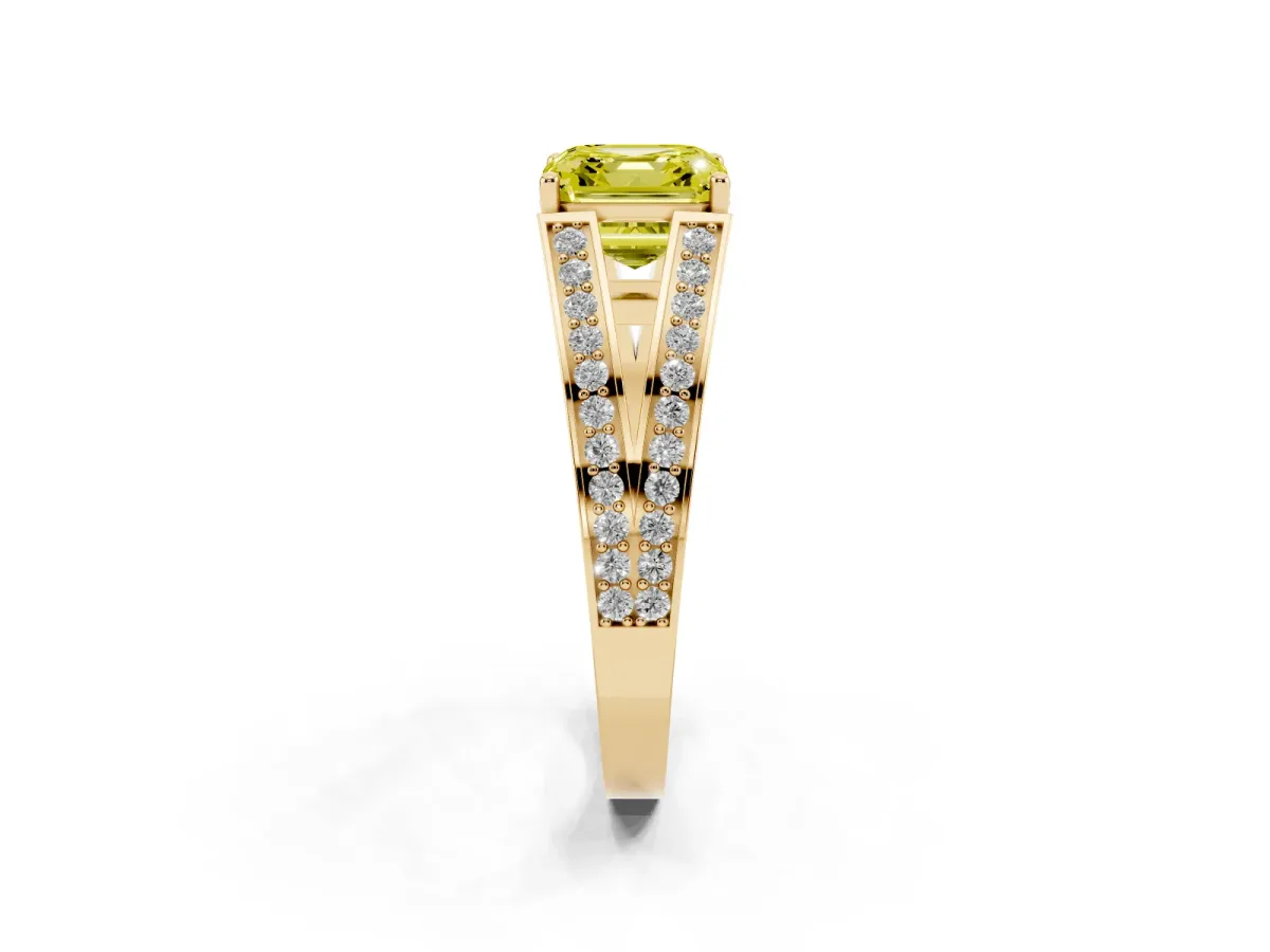 Fancy Yellow Asscher Cut Diamond Split Shank Ring with Pavé Band and Four-Prong Setting Yellow gold