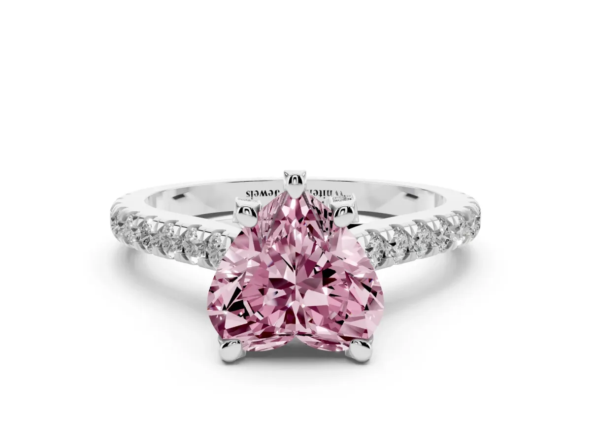 Fancy Pink Heart Cut Brilliant Diamond Solitaire with Pavé Band and Four-Prong Setting Platinum
