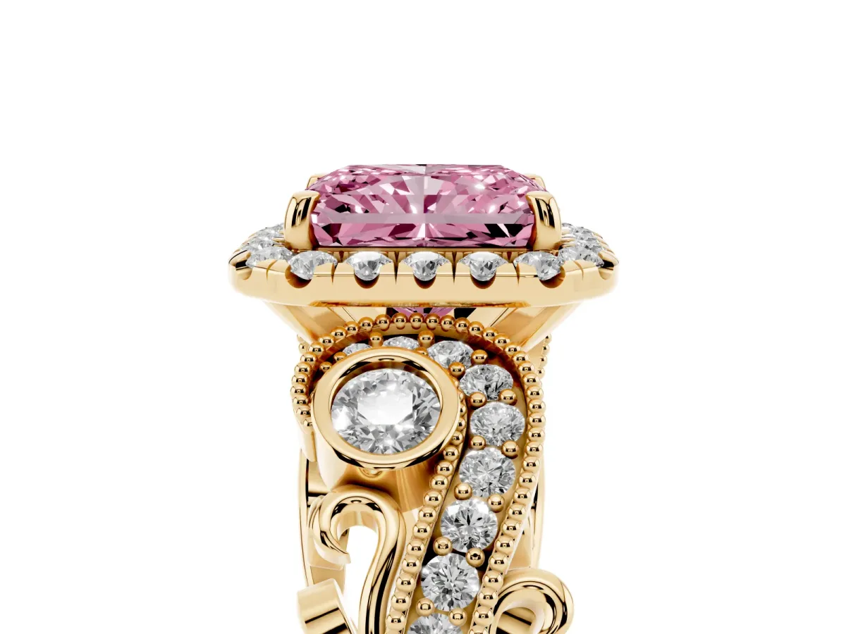 Fancy Pink Radiant Cut Halo Diamond Ring with Milgrain and Bezel Accents on a Split Shank Band Yellow gold
