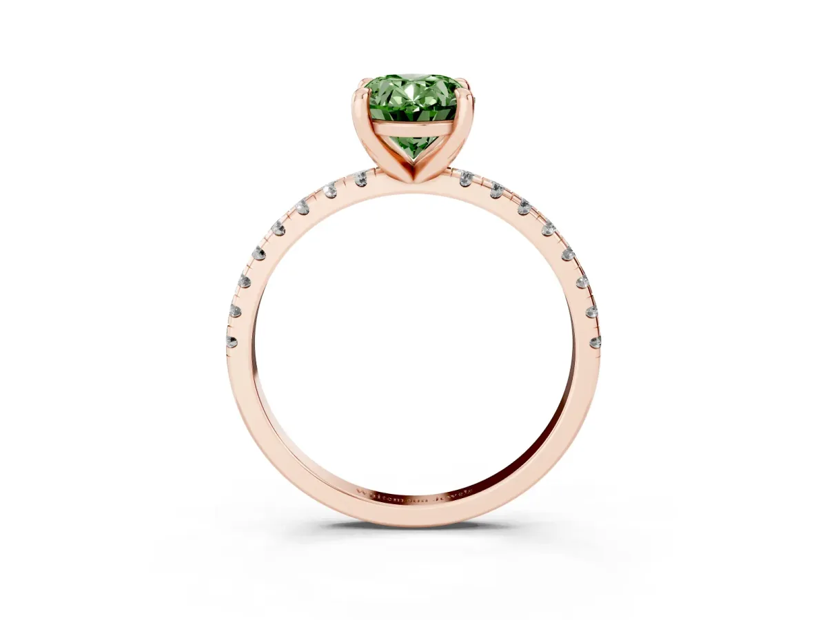 Fancy Green Oval Cut Diamond Brilliant Solitaire Ring with Pavé Band and Four-Prong Setting Rose gold