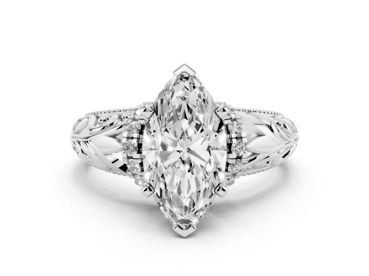 Marquise Cut Solitaire Filigree Engagement Ring with Halo and Prong Setting Silver