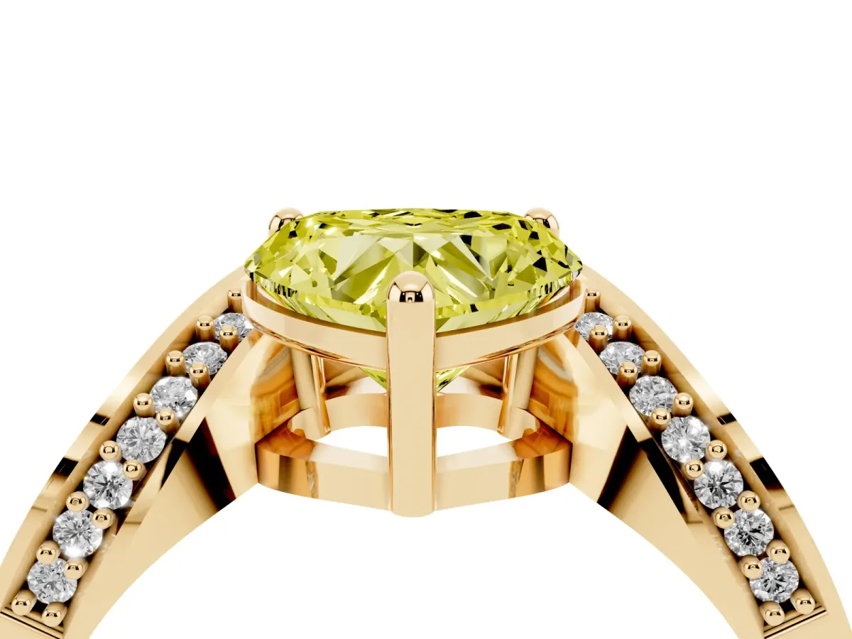 Fancy Yellow Heart Cut Solitaire Diamond Engagement Ring with Pave Band and Four-Prong Setting Yellow gold