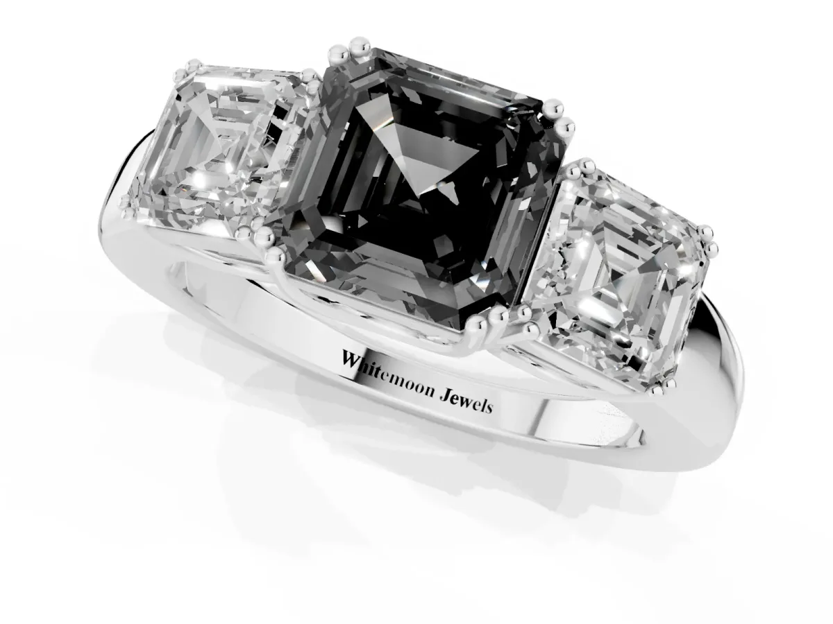 Fancy Black Three-Stone Asscher Cut Cut Diamond Ring with Channel Set Band and Four-Prong Setting Platinum
