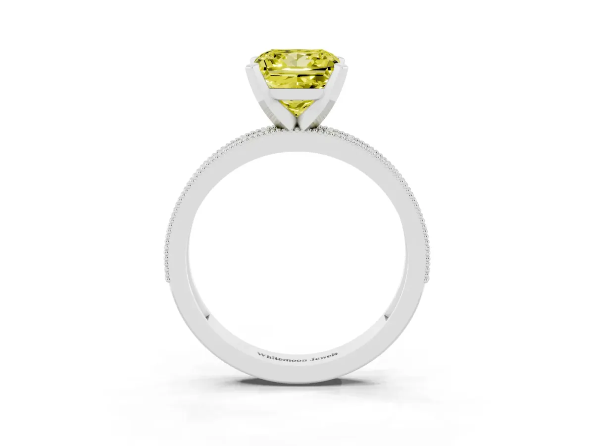 Fancy Yellow Princess Cut Diamond Milgrain Pavé Engagement Ring with Four-Prong Setting Silver
