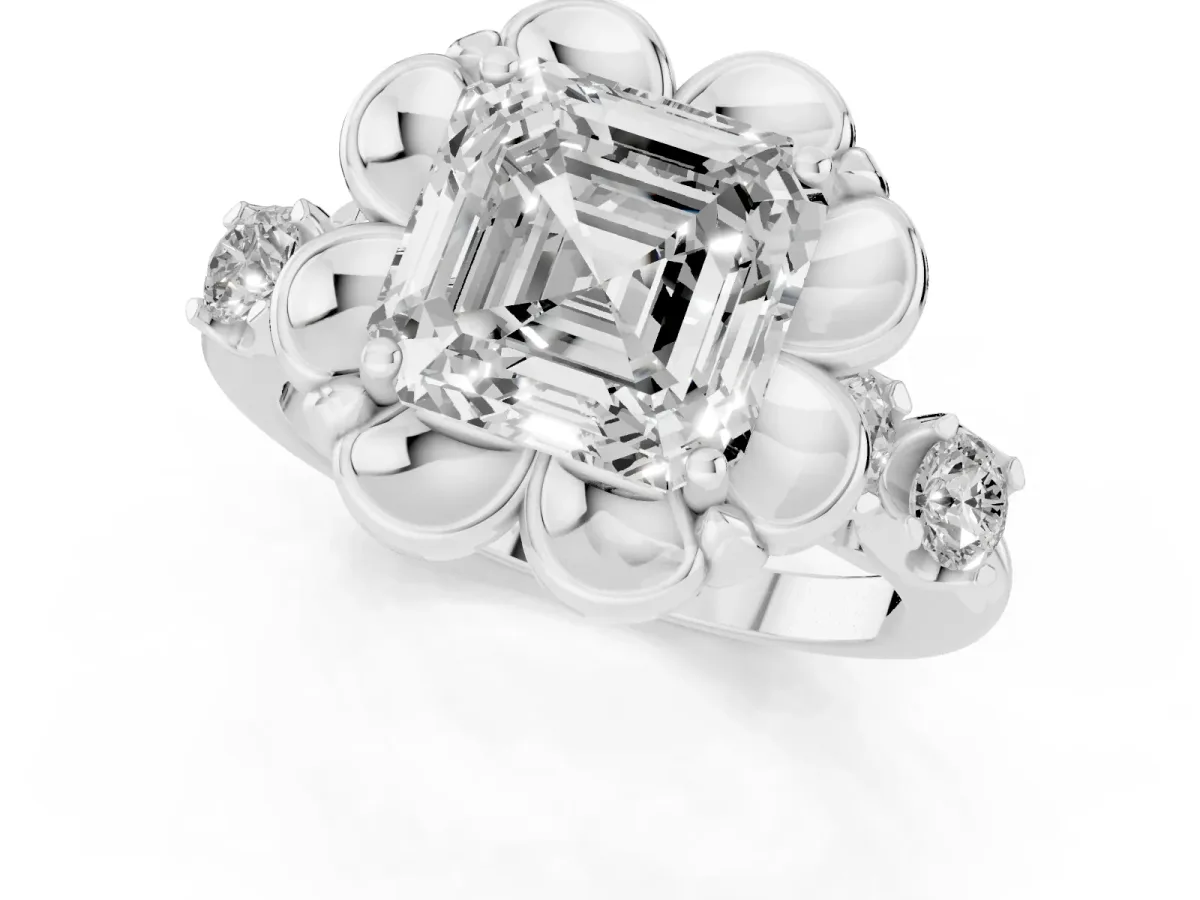 Asscher Cut Cut Diamond Floral Halo Engagement Ring with Shared Prong Setting Silver