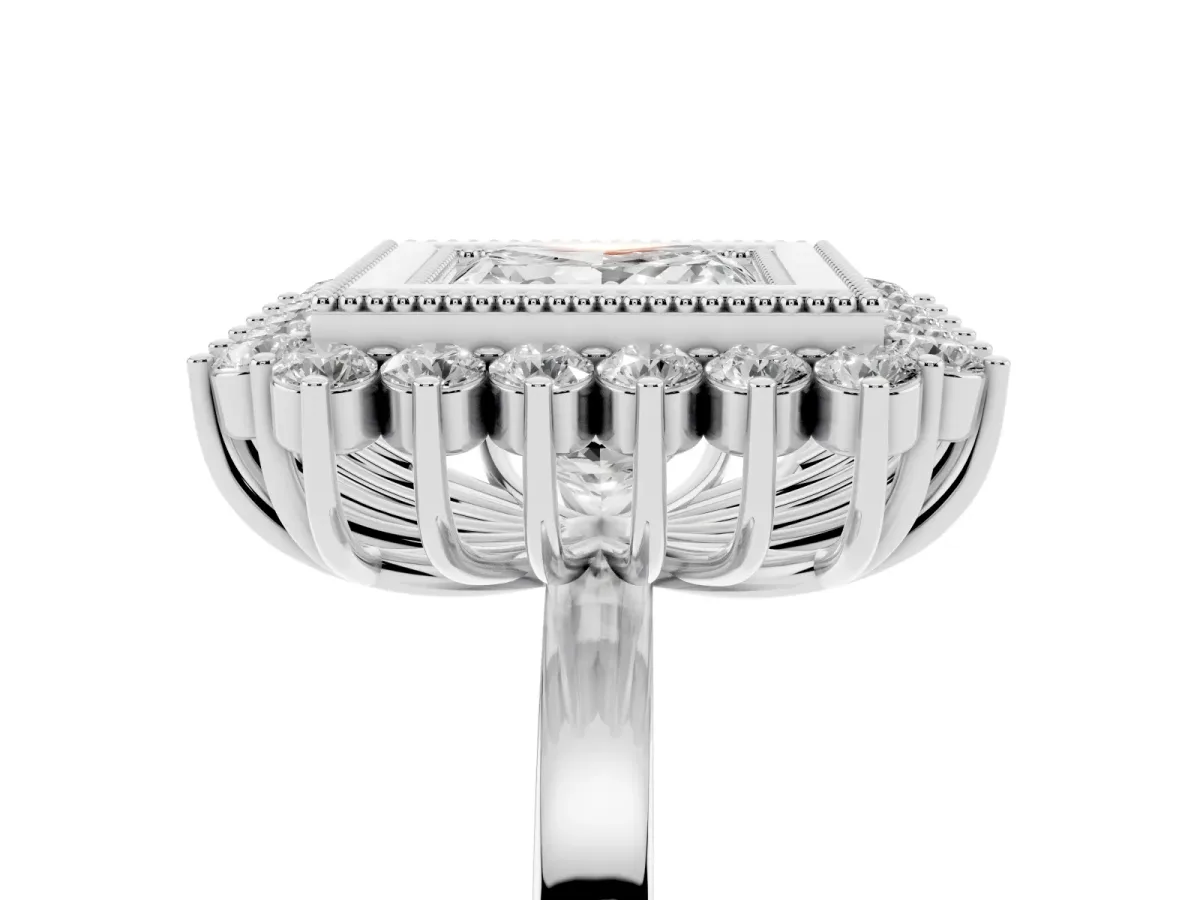 Princess Cut Halo Diamond Ring with Milgrain Edge and Round Prong Setting Silver