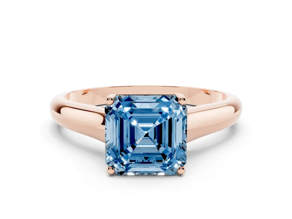 Fancy Blue Asscher Cut Solitaire Engagement Ring with Tapered Band and Four-Prong Setting Rose gold