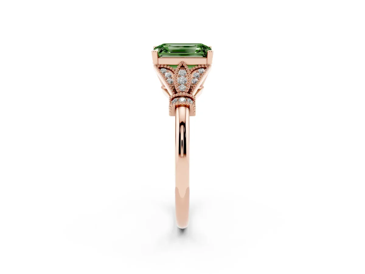 Fancy Green Emerald Cut Diamond Solitaire Ring with Floral Filigree and Pave Accents Rose gold