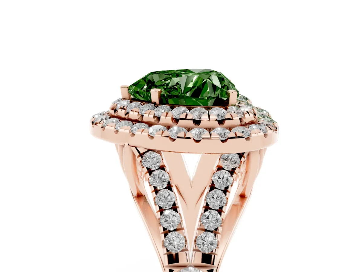 Fancy Green Heart Cut Cut Double Halo Split Shank Diamond Ring with Prong Setting Rose gold