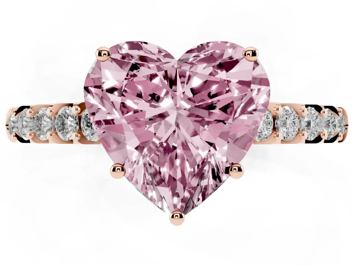 Fancy Pink Heart Cut Solitaire Diamond Engagement Ring with Pavé Band and Six-Prong Setting Rose gold