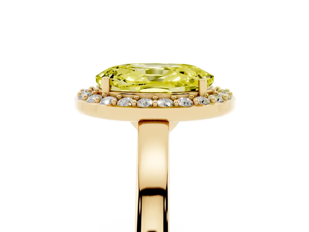 Fancy Yellow Oval Cut Halo Diamond Ring with Solitaire Band and Prong Setting Yellow gold