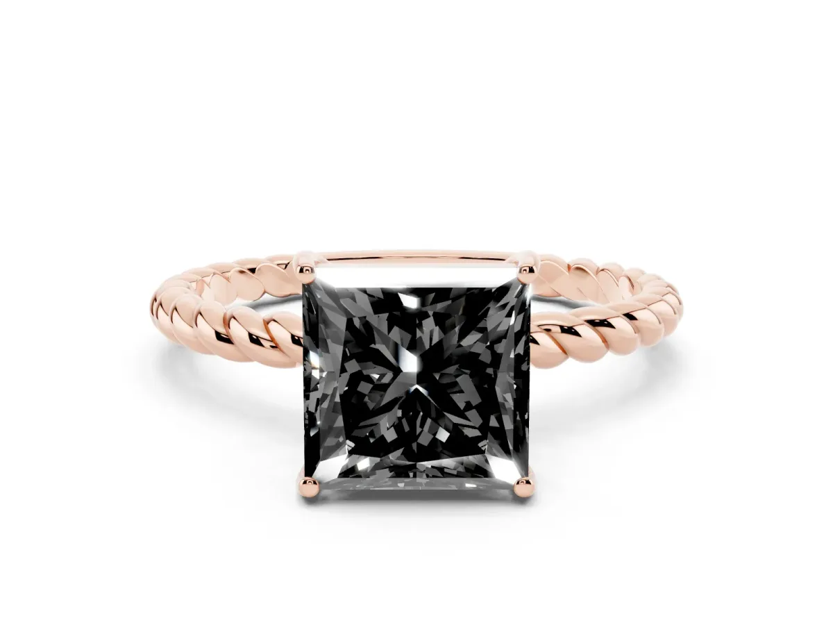 Fancy Black Princess Cut Solitaire Twisted Band 4-Prong Ring Rose gold