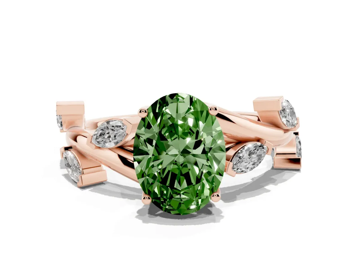 Fancy Green Oval Cut Solitaire Twisted Band Marquise Accent Prong Setting Ring Rose gold