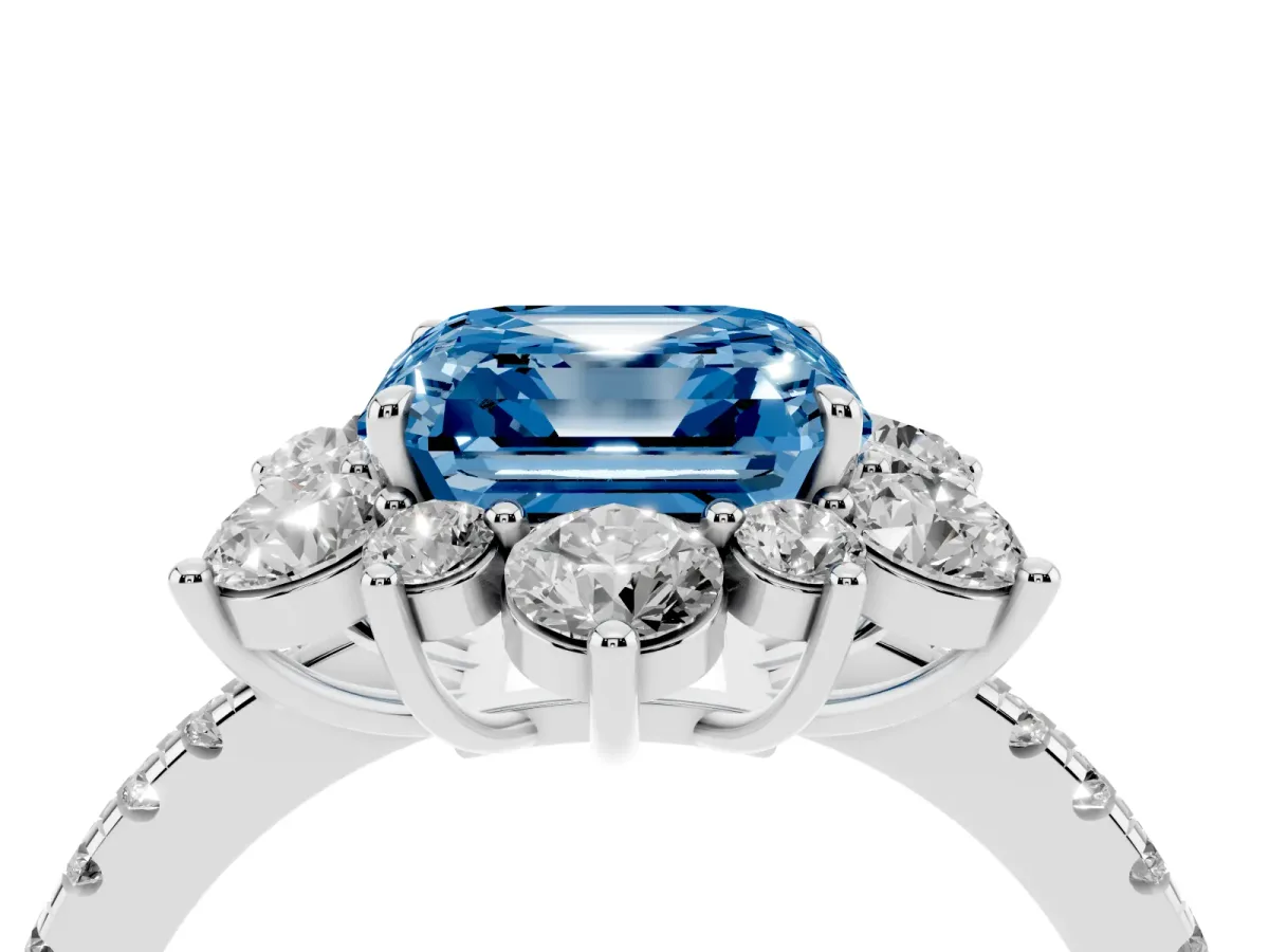 Fancy Blue Asscher Cut Diamond Floral Halo Ring with Round Pavé Band and Prong Setting Platinum