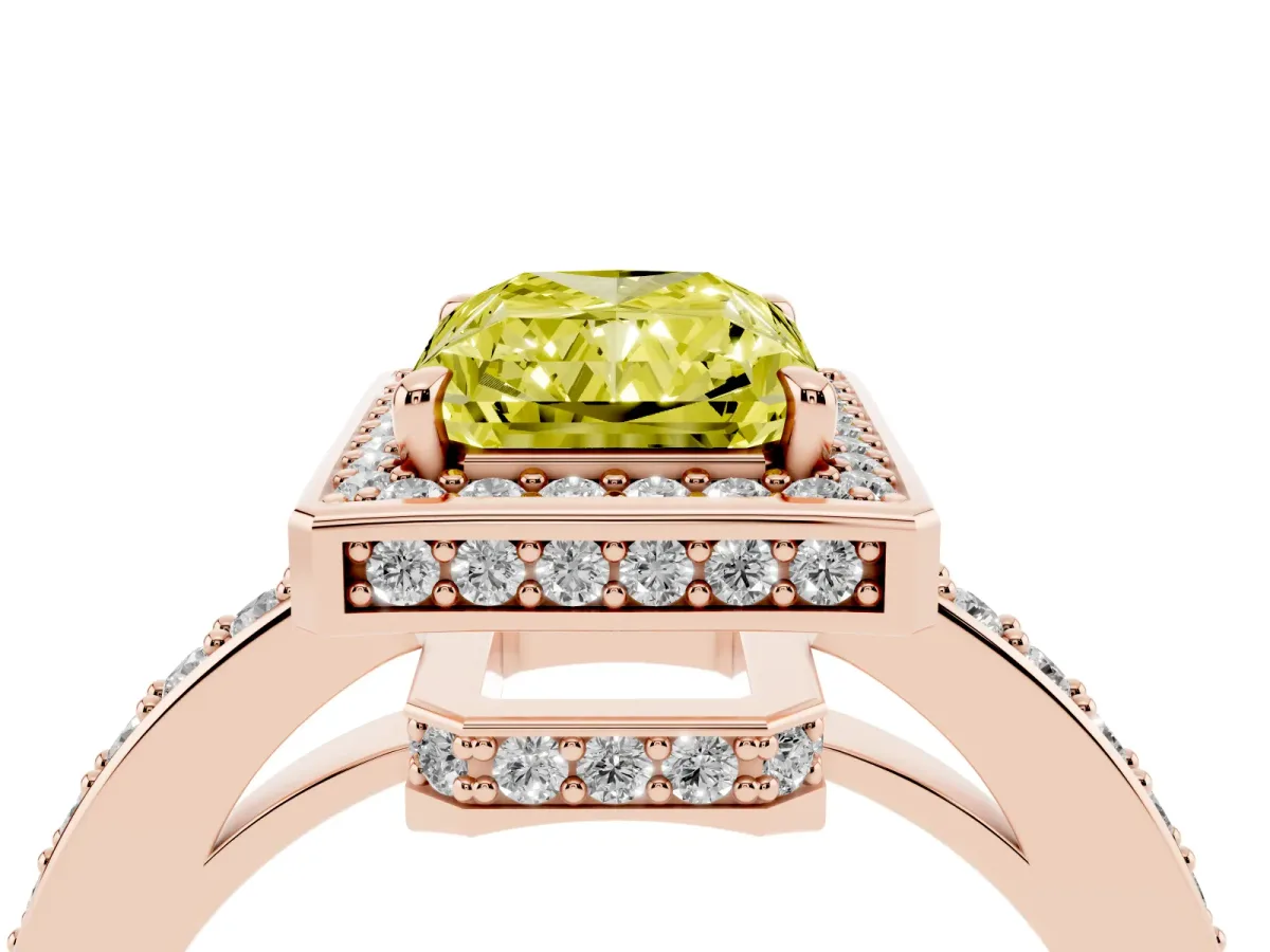 Fancy Yellow Radiant Cut Halo Pave Band Solitaire Ring with Prong Setting Rose gold