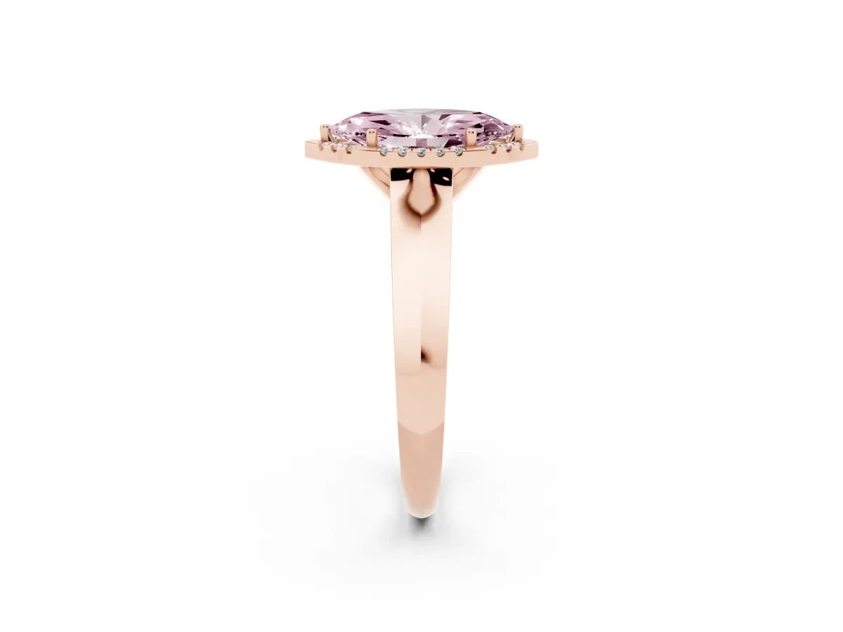 Fancy Pink Marquise Cut Halo Diamond Ring with Cathedral Band and Four-Prong Setting Rose gold