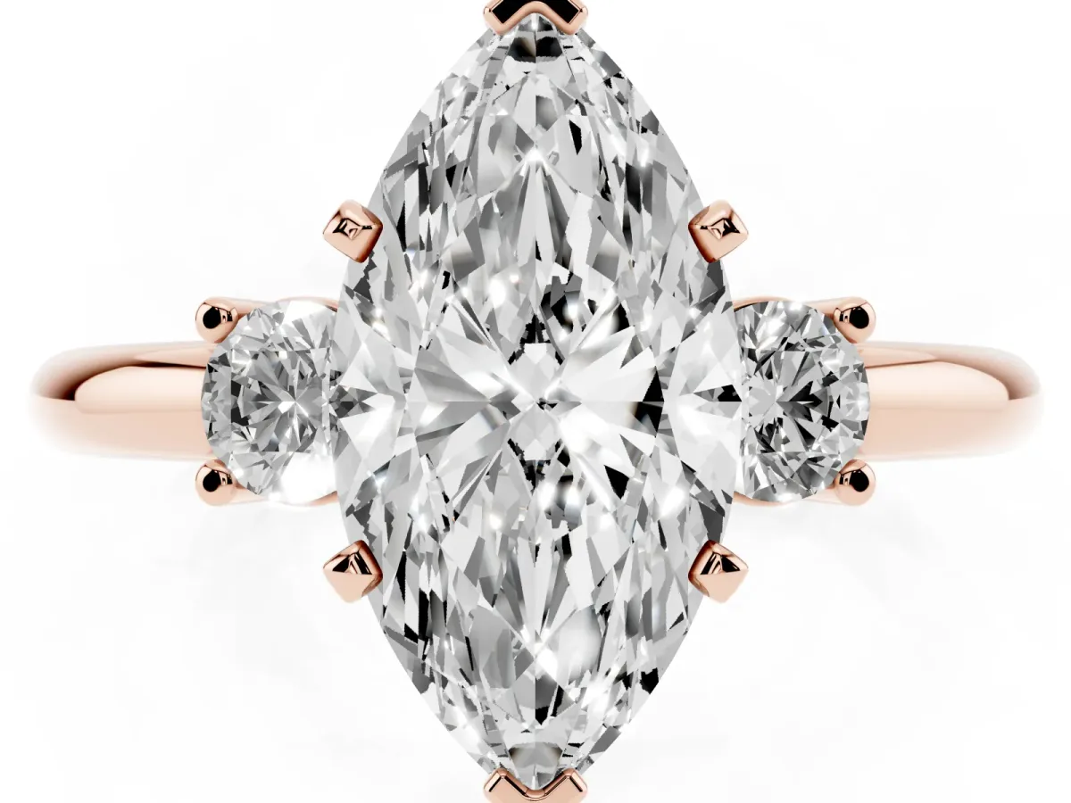 Three-Stone Marquise Cut Cut Diamond Solitaire with Prong Setting and Classic Band Rose gold