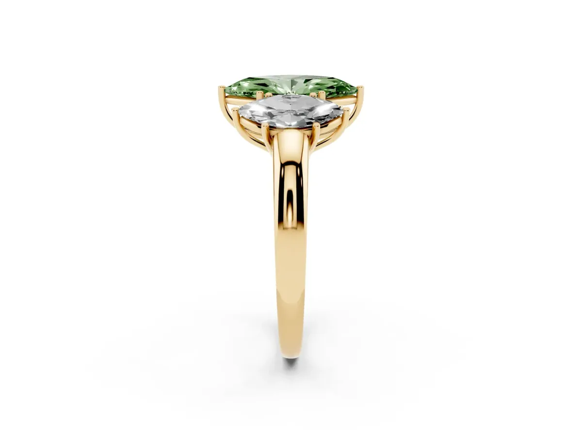Fancy Green Marquise Cut Diamond Three-Stone Ring with Four-Prong Setting and Classic Band Yellow gold