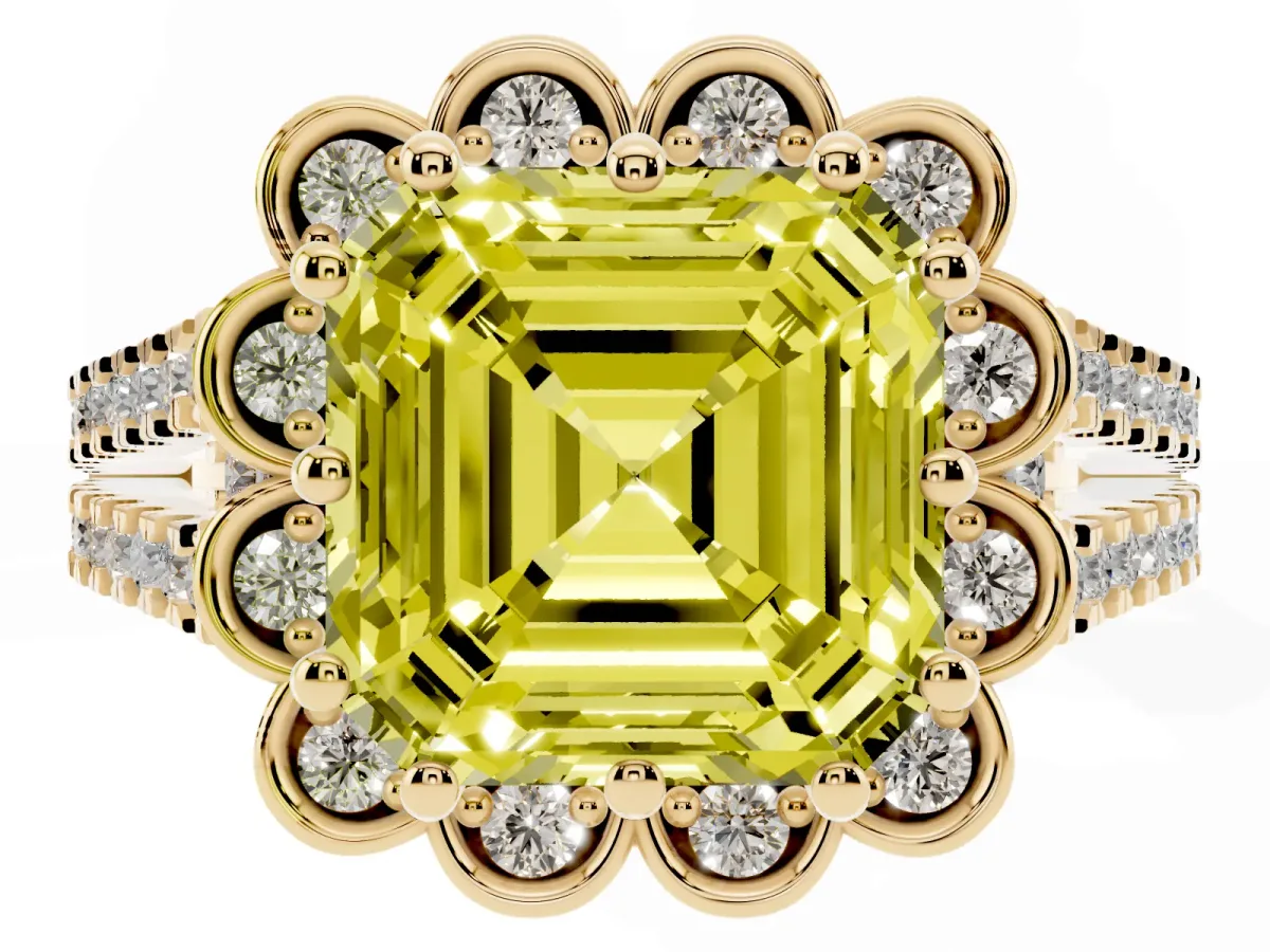Fancy Yellow Asscher Cut Halo Diamond Floral Split Shank Engagement Ring Yellow gold