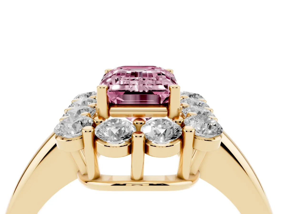 Fancy Pink Emerald Cut Halo Cluster Diamond Engagement Ring with Prong Setting and Polished Band Yellow gold