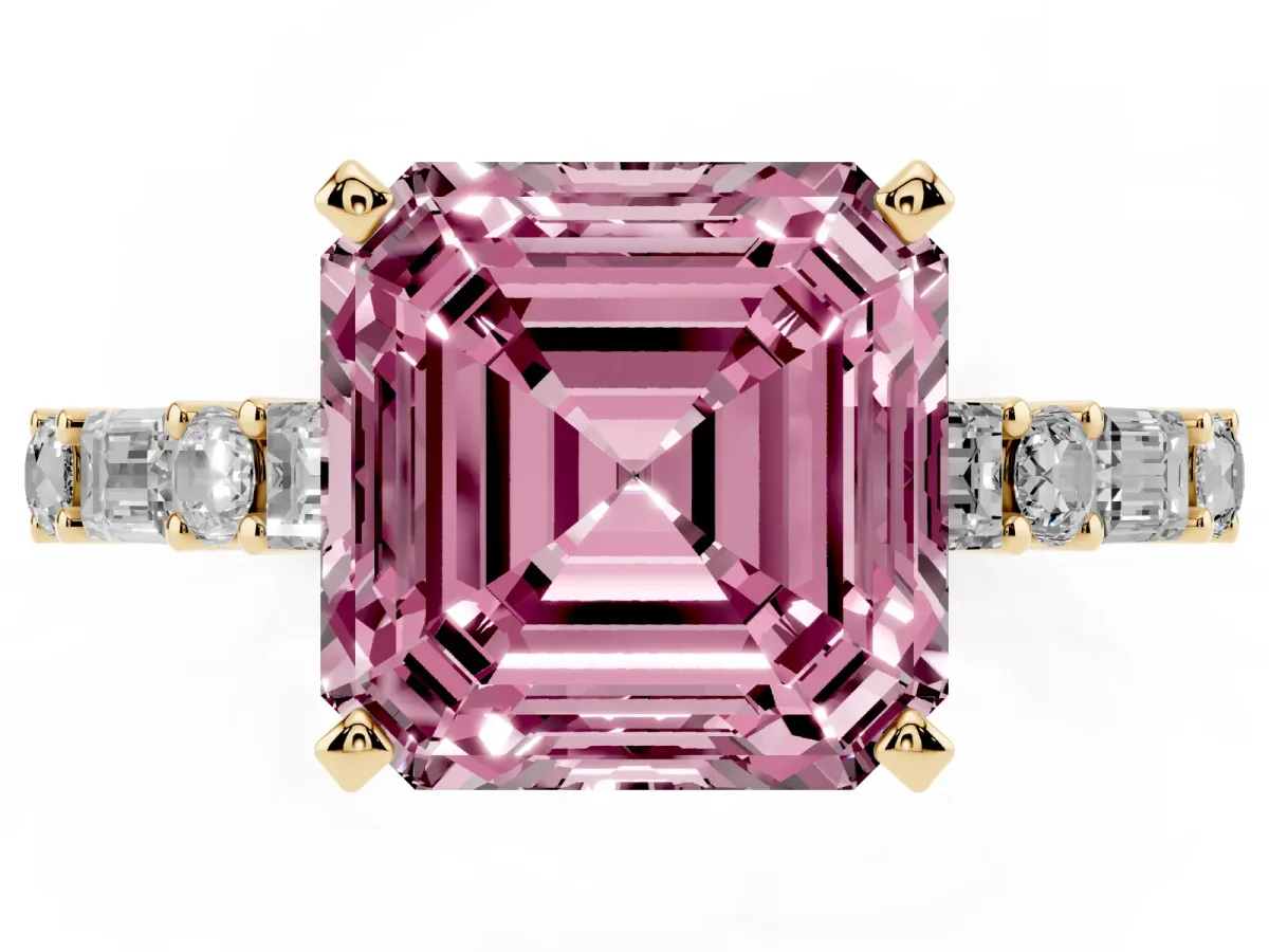 Fancy Pink Asscher Cut Diamond Solitaire with Side Baguettes and Channel Set Band Yellow gold
