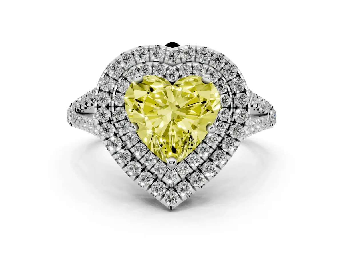 Fancy Yellow Heart Cut Diamond Double Halo Ring with Pavé Band and Prong Setting Platinum