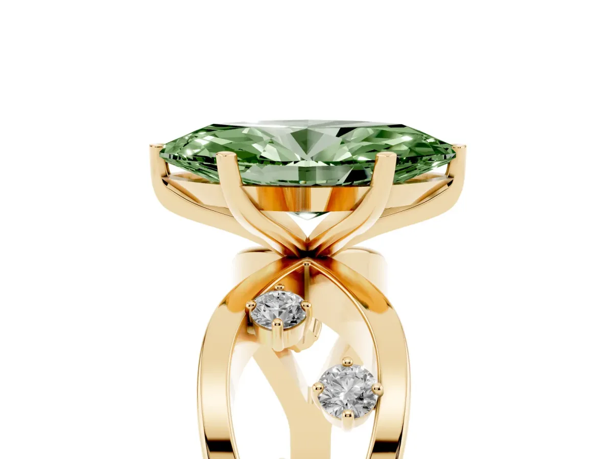 Fancy Green Marquise Cut Cut Solitaire Diamond with Side Stones on Criss-Cross Band and Four-Prong Setting Yellow gold
