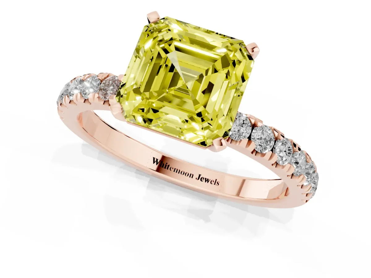 Fancy Yellow Asscher Cut Diamond Solitaire Ring with Pavé Accents and Four-Prong Setting Rose gold