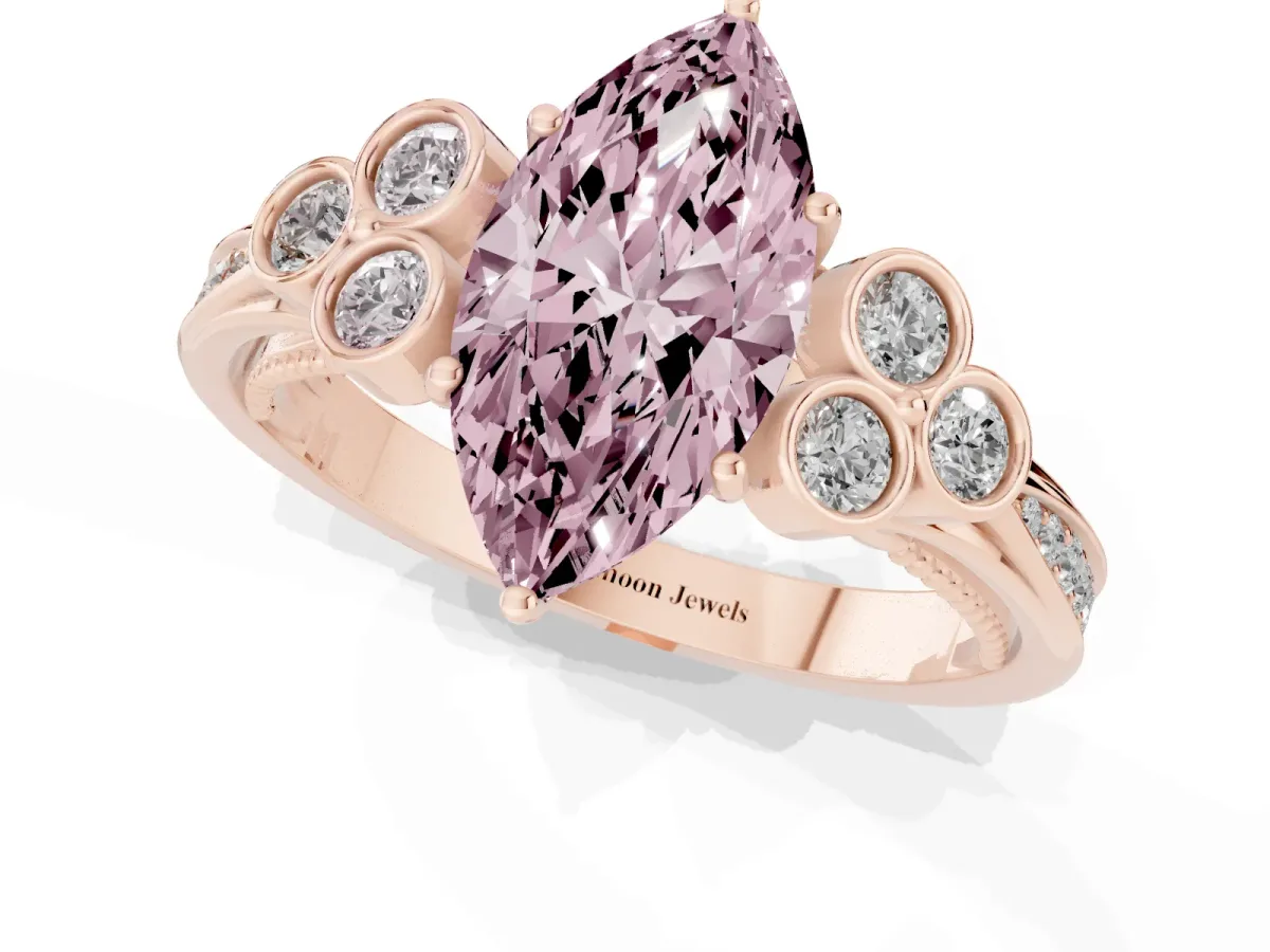 Fancy Pink Marquise Cut Cut Diamond Engagement Ring with Bezel Set Round Side Stones and Prong Setting Rose gold