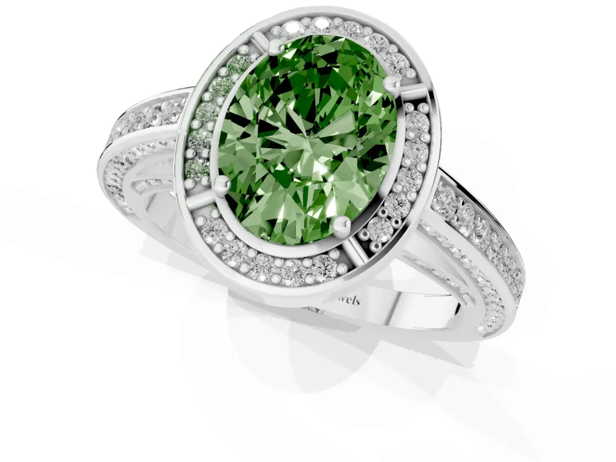 Fancy Green Oval Cut Cut Halo Pave Split Shank Prong Setting Ring Platinum