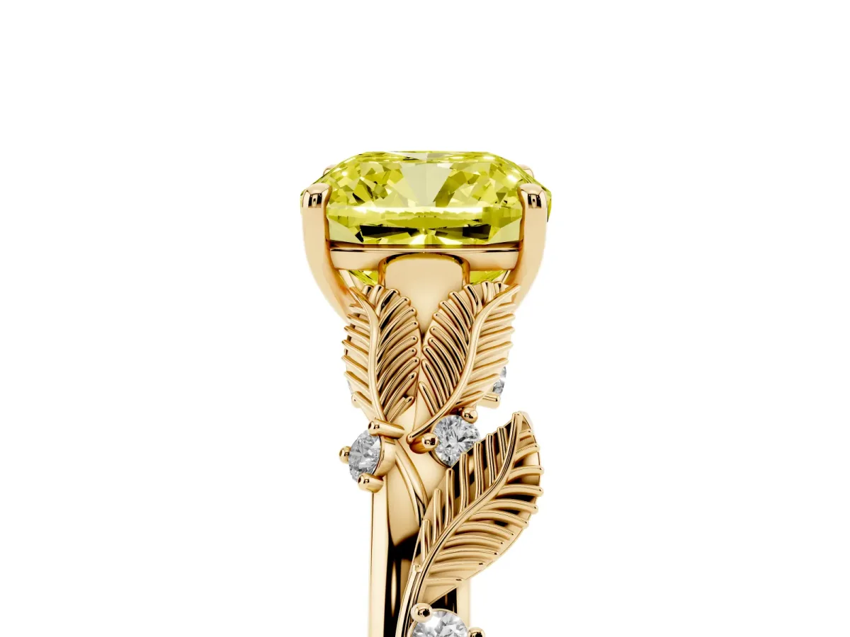 Fancy Yellow Cushion Cut Diamond Solitaire Ring with Leaf Motif Band and Four-Prong Setting Yellow gold