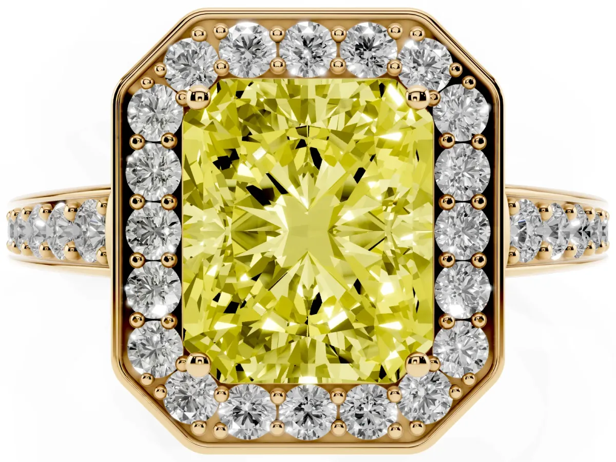 Fancy Yellow Radiant Cut Halo Pavé Diamond Engagement Ring with Bezel Setting Yellow gold
