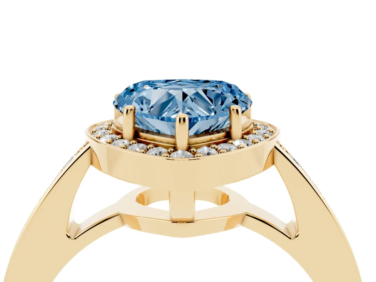 Fancy Blue Heart Cut Halo Pavé Diamond Engagement Ring with Bezel Setting Yellow gold