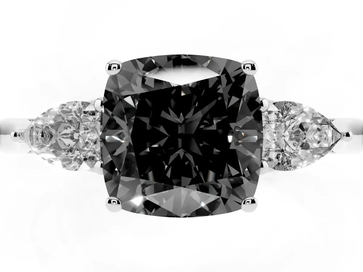 Fancy Black Three-Stone Cushion Cut Brilliant Diamond Solitaire Ring with Tapered Band and Four-Prong Setting Silver