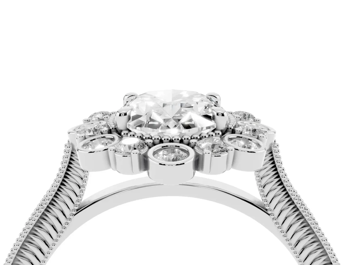 Oval Cut Halo Milgrain Pave Diamond Ring with Four-Prong Setting Silver