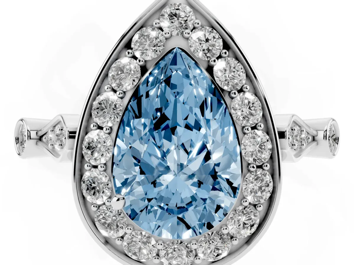 Fancy Blue Pear Cut Halo Diamond Engagement Ring with Twisted Band and Four-Prong Setting White gold