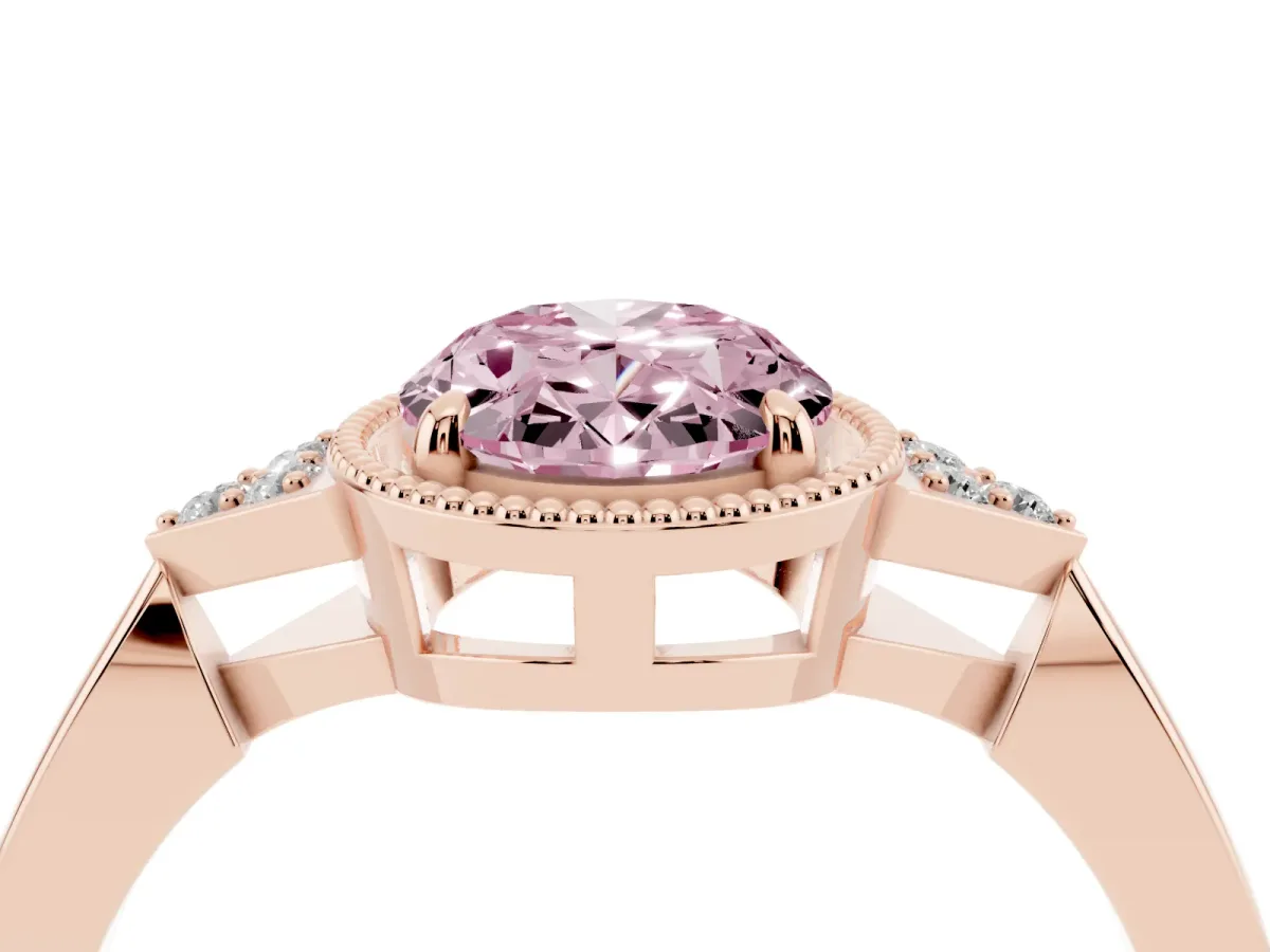 Fancy Pink Hexagonal Halo Oval Cut Diamond Solitaire with Pavé Band and Four-Prong Setting Rose gold