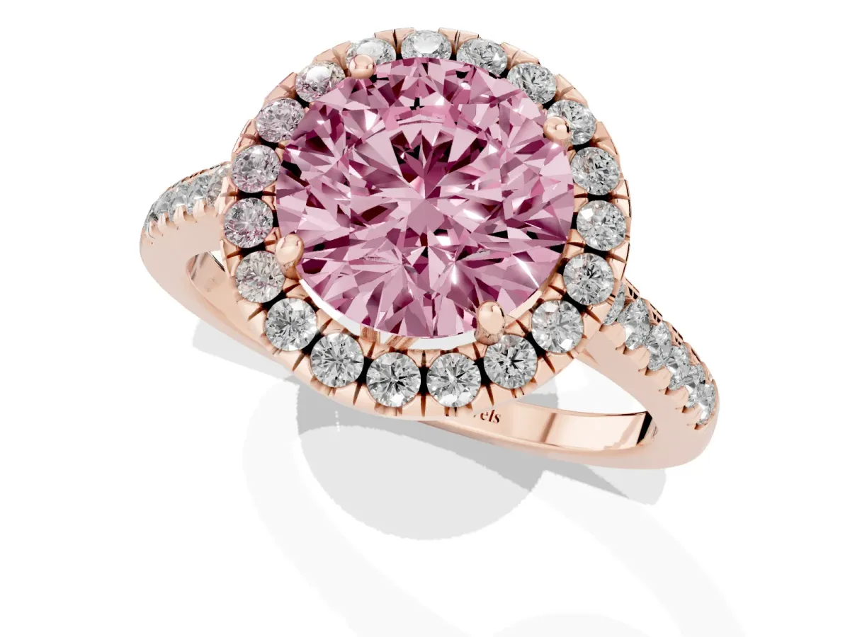 Fancy Pink Round Cut Halo Pavé Diamond Engagement Ring with Four-Prong Setting Rose gold