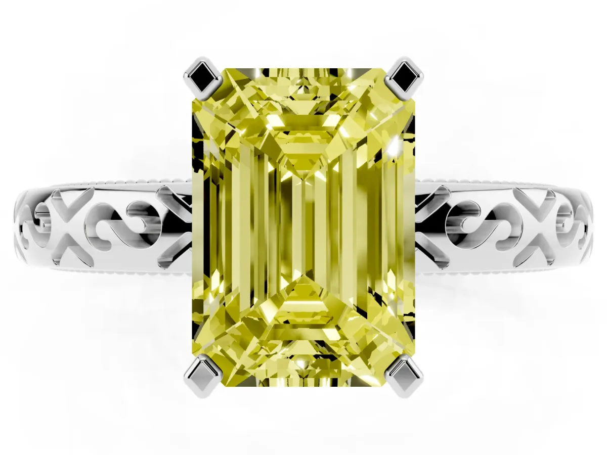 Fancy Yellow Emerald Cut Solitaire Engagement Ring with Scrollwork Band and Four-Prong Setting Silver