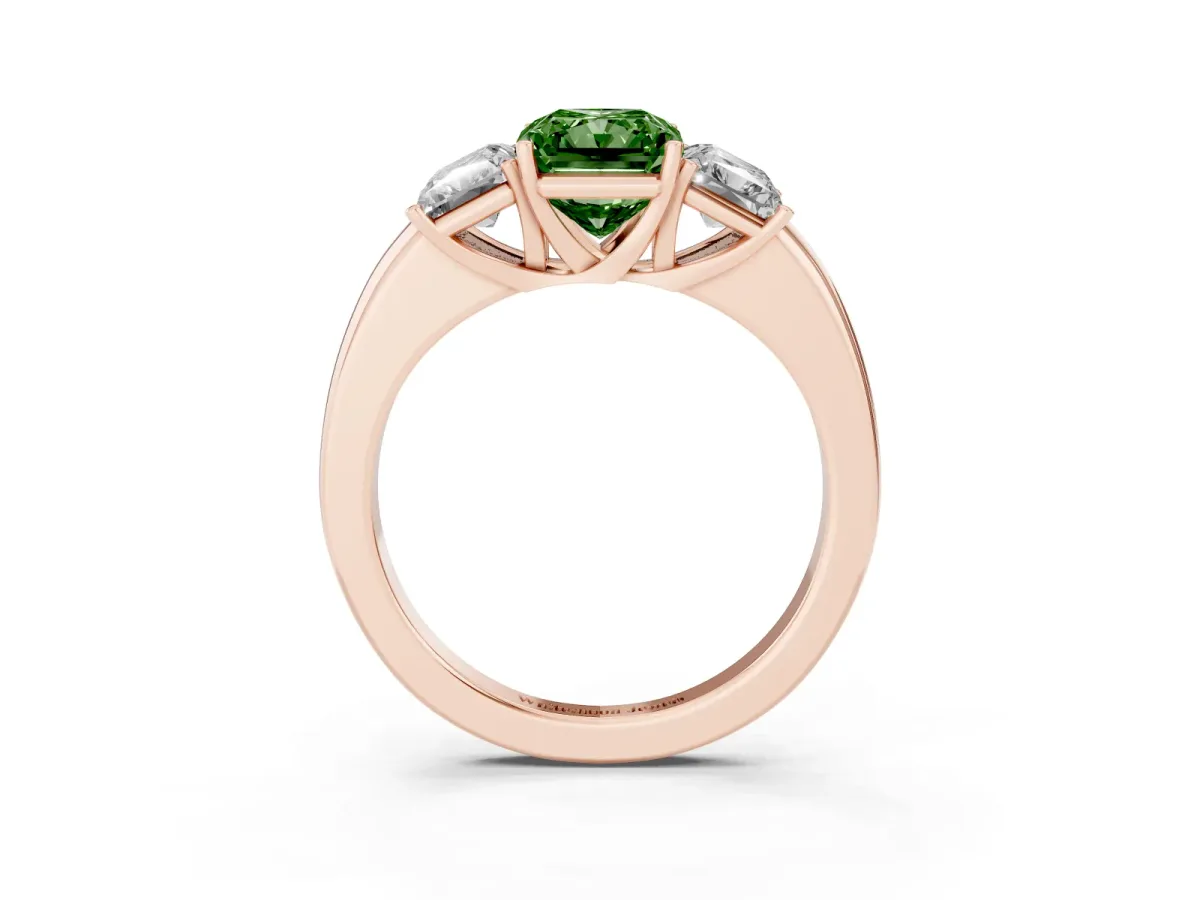 Fancy Green Radiant Cut Diamond Three-Stone Ring with Four-Prong Setting and Classic Band Rose gold