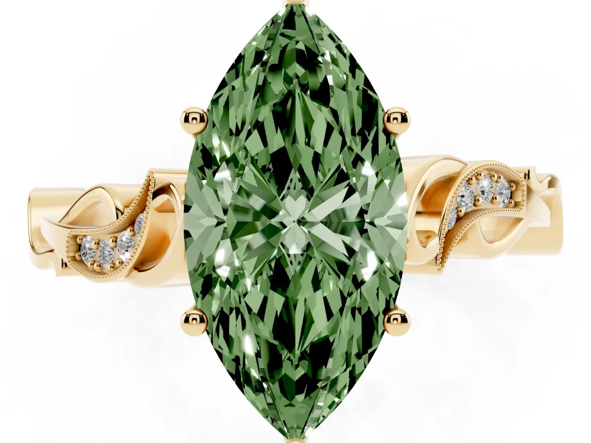 Fancy Green Marquise Cut Solitaire Vine Band with Milgrain Prong Setting Yellow gold