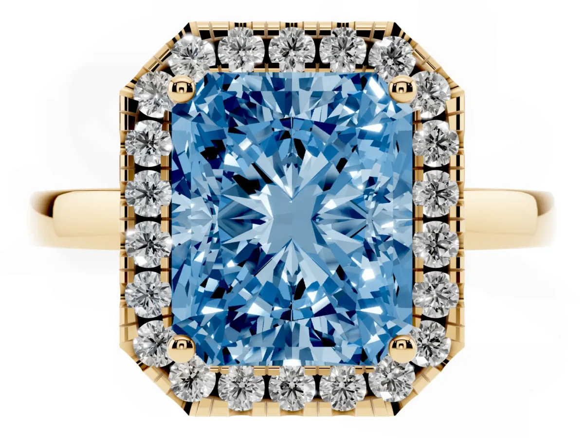 Fancy Blue Radiant Cut Halo Diamond Solitaire with Pavé Band and Four-Prong Setting Yellow gold
