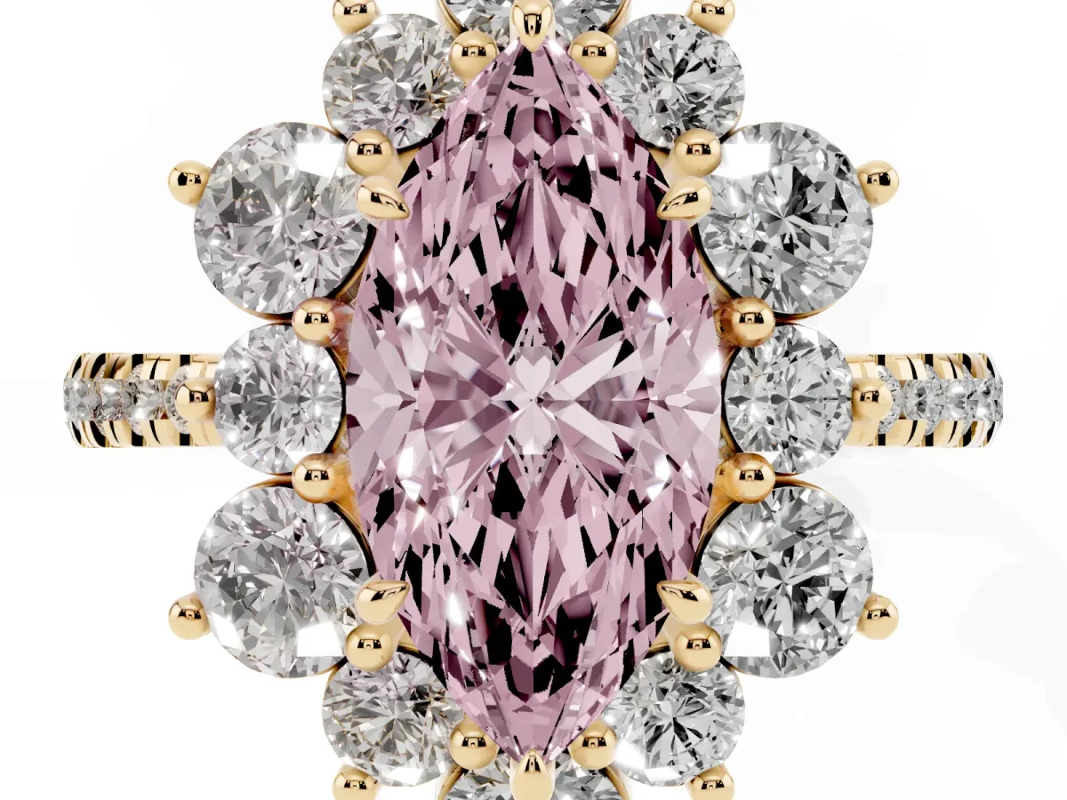Fancy Pink Marquise Cut Diamond Floral Halo Ring with Round Pavé Band and Prong Setting Yellow gold