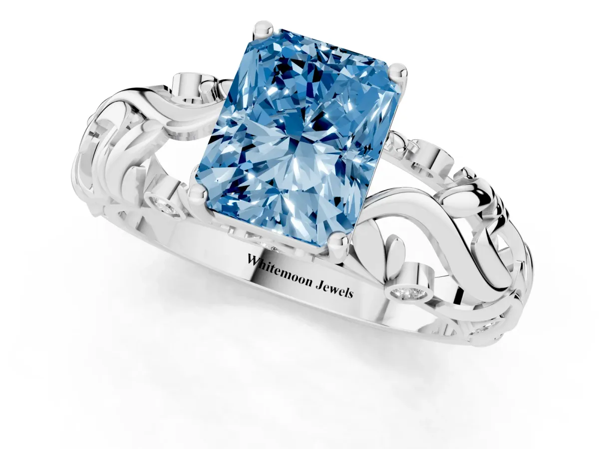 Fancy Blue Radiant Cut Solitaire Diamond Leaf-Inspired Vine Band Ring with Prong Setting Silver
