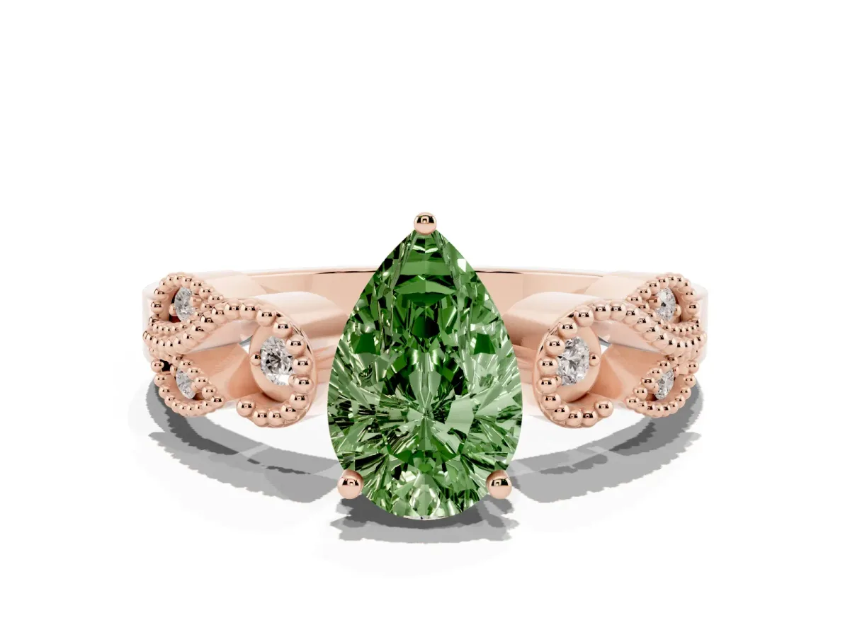 Fancy Green Pear Cut Solitaire Milgrain Leaf Band with Prong Setting Rose gold