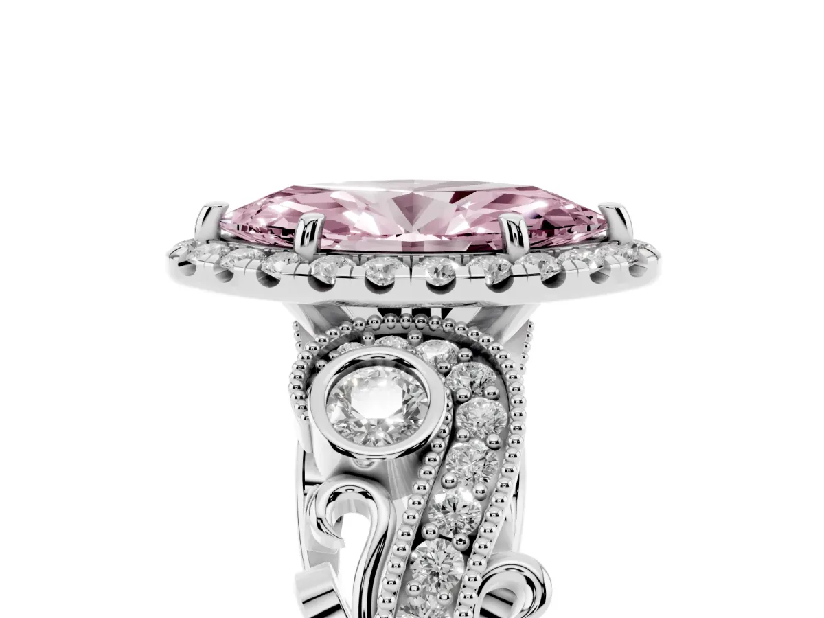 Fancy Pink Marquise Cut Halo Diamond Ring with Milgrain and Bezel Accents on a Split Shank Band White gold